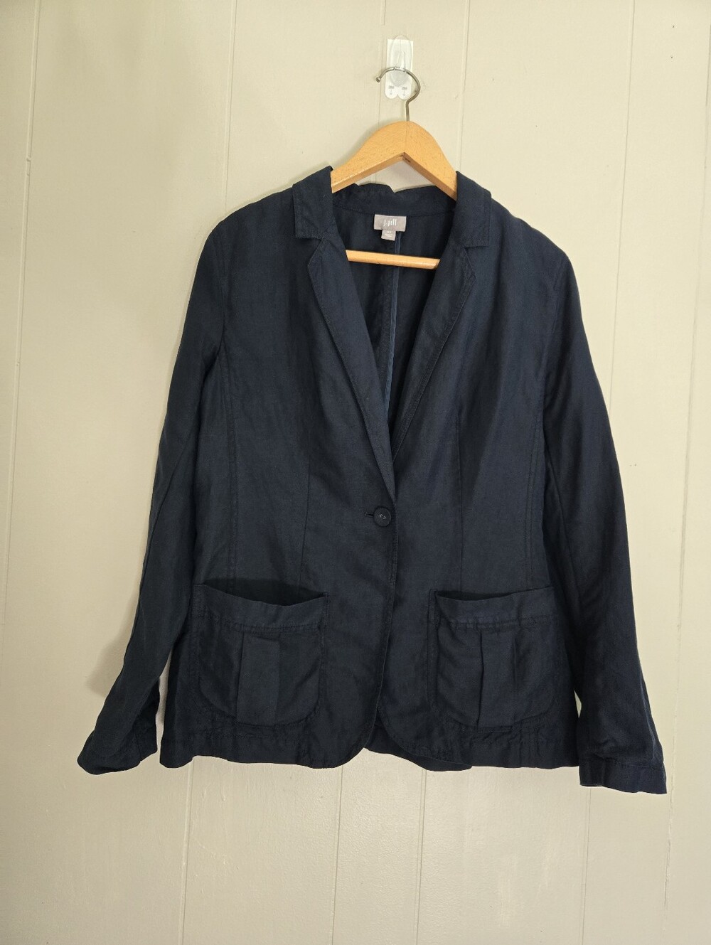 J. Jill Silk Linen Blend Blazer Navy Blue Lightweight Casual Quiet Luxury Preppy